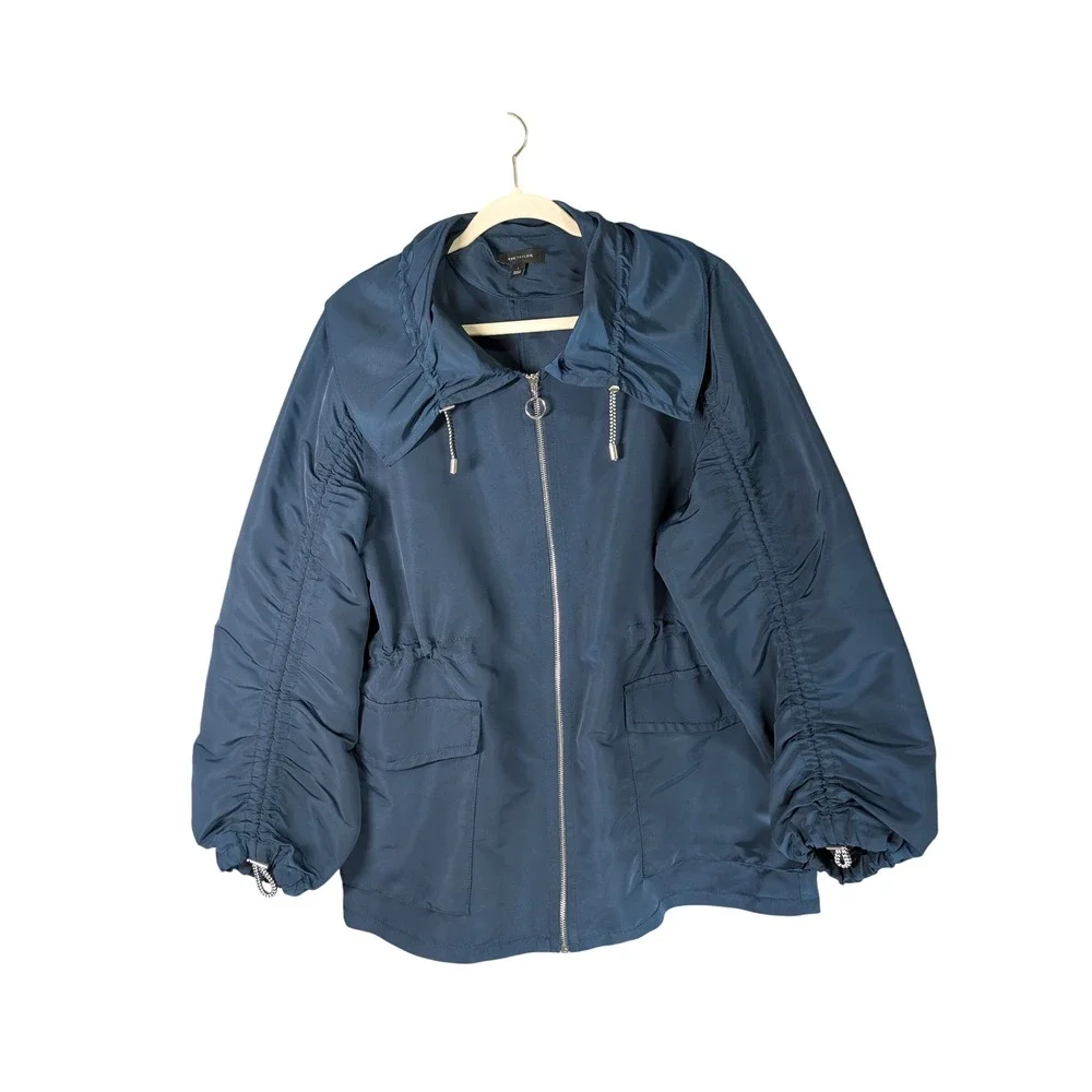 Ann Taylor Jacket Womens L Teal Blue Ruched Balloon Sleeve Utility Zip